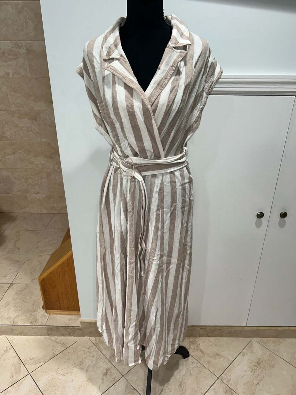 Calvin Klein Women's Beige and White Striped Linen-Blend Maxi Wrap Dress with Be
